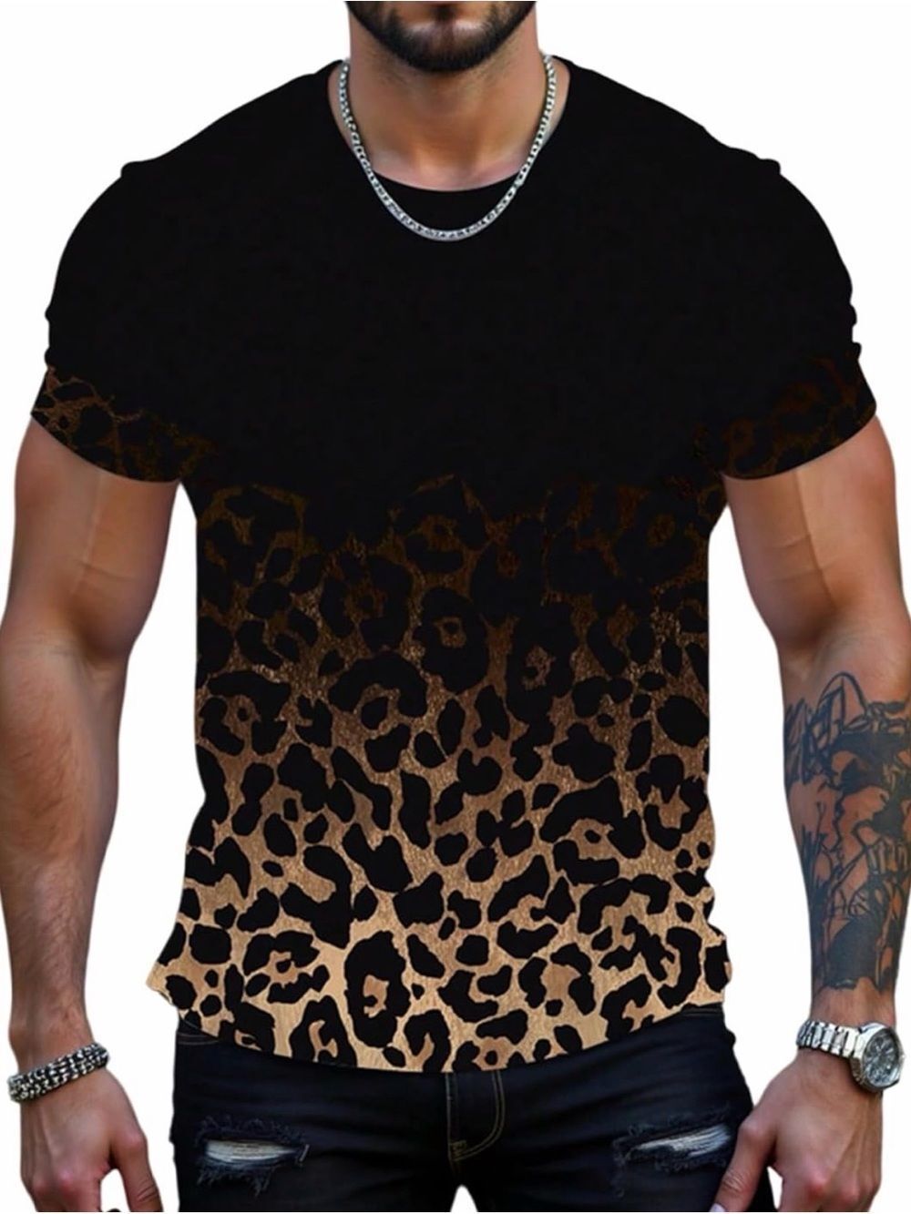 RoseSeek Men's Leopard Ombre Summer Tops Slim Fit Short Sleeve XL